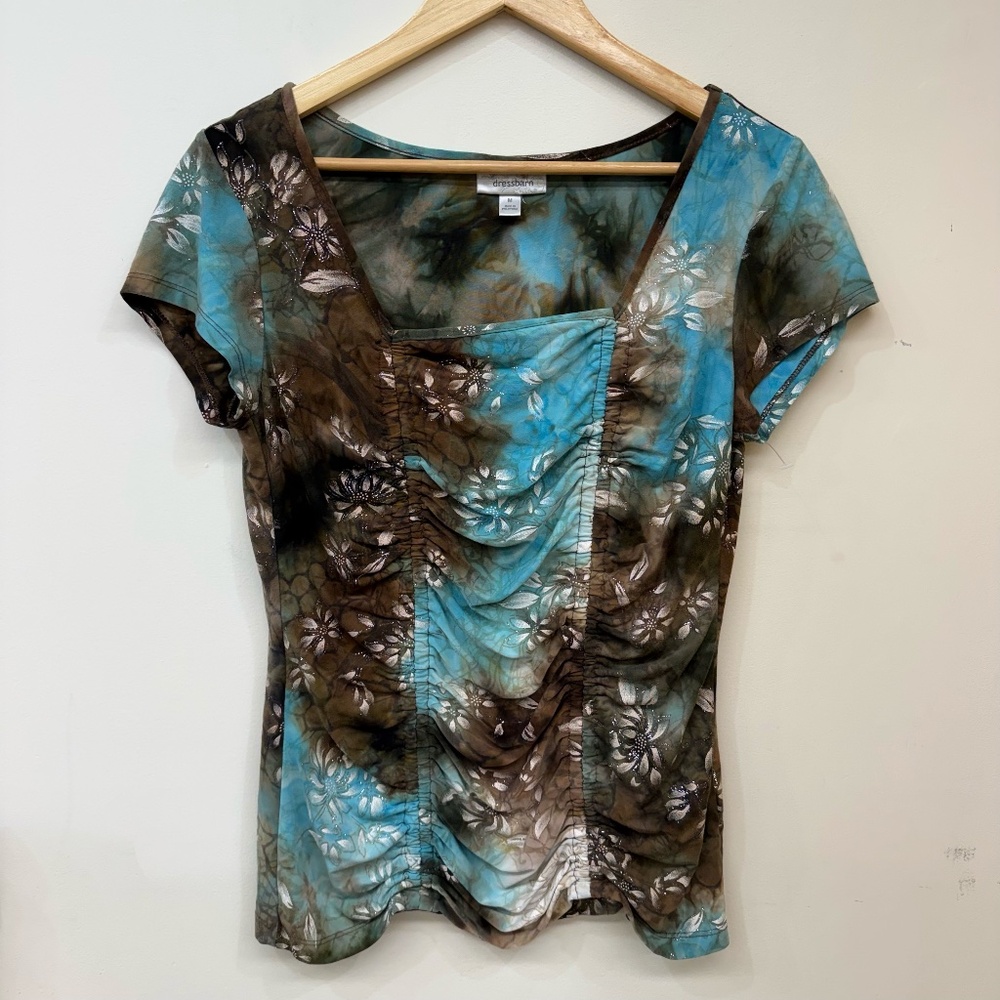 Vintage Y2K Dress Barn Blue and Brown Floral Ruched Square Neck Top Size Medium